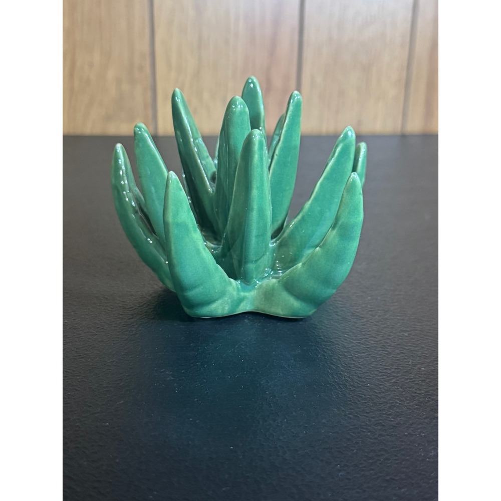 Green Ceramic Succulent Figurine Glossy Faux Cactus Decor Jewelry Holder  4 Inch